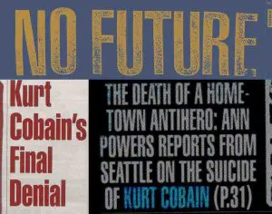 Headline collage for 1994 Village Voice article about Kurt Cobain's suicide.