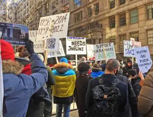 Article in the Village Voice about protests against Russia's ongoing invasion of Ukraine