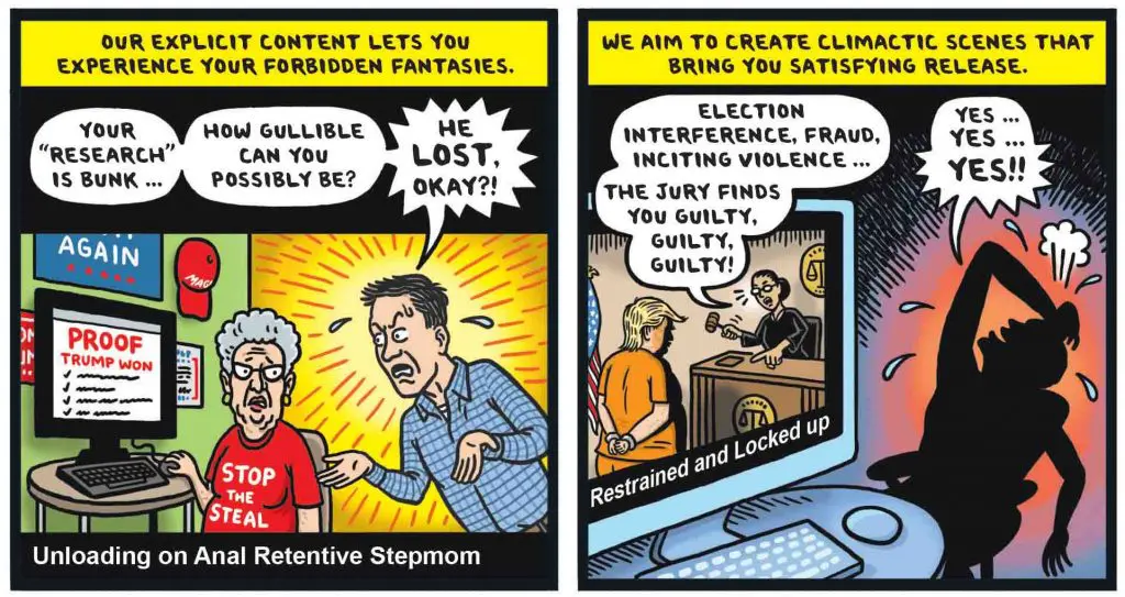 Ward Sutton SCORNHUB satire cartoon for the Village Voice