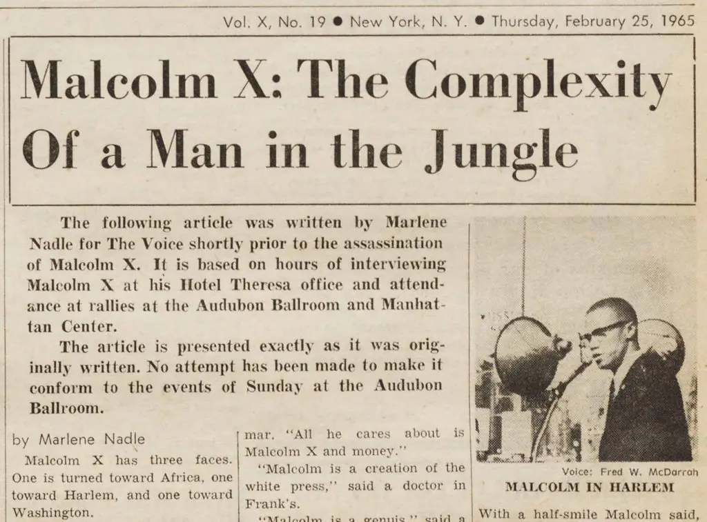 1965 Village Voice interview conducted by Marlene Nadle with Malcolm X shortly before he was assassinated.
