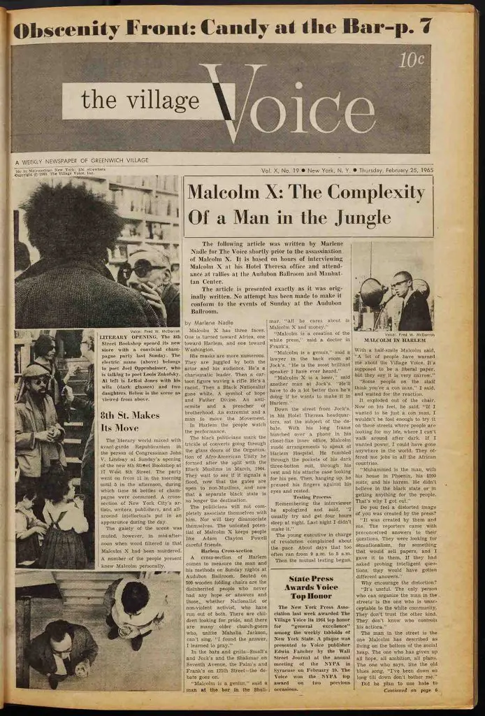 1965 Village Voice interview conducted by Marlene Nadle with Malcolm X shortly before he was assassinated.