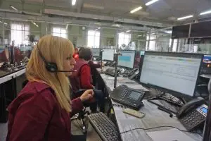 Picture of an emergency phone operator in Ukraine for Village Voice story about EMS workers learning to treat war wounds.