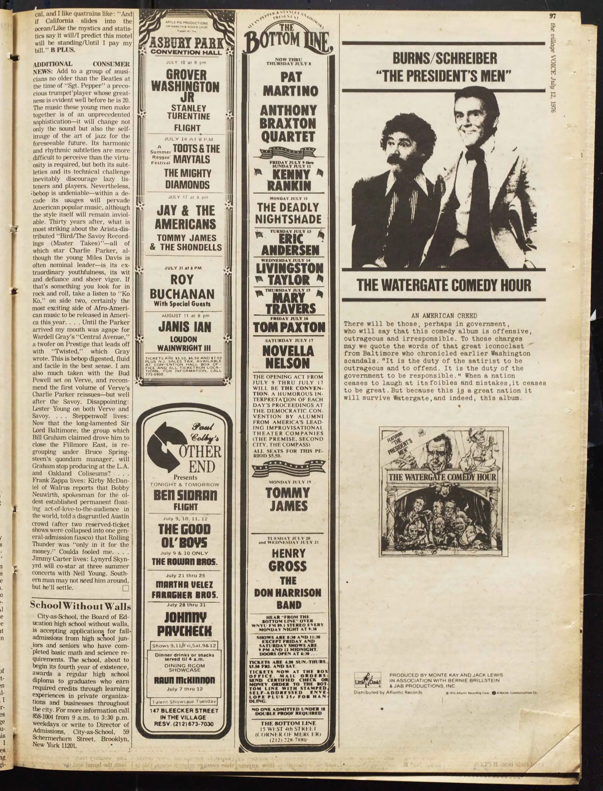 Article from the Village Voice Archive featuring the ads that appeared in the two issues that were on the streets during America's Bicentennial celebration.