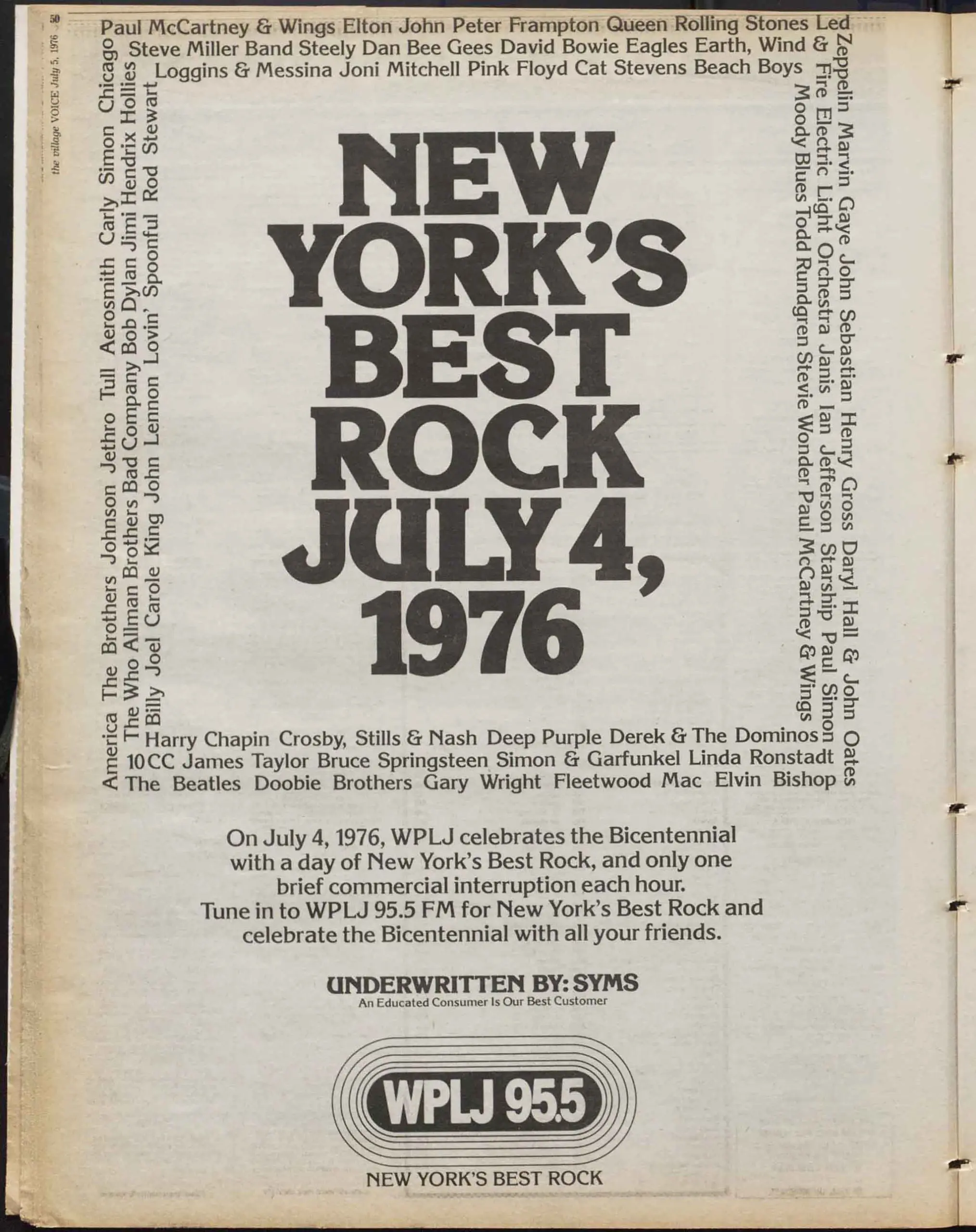 Article from the Village Voice Archive featuring the ads that appeared in the two issues that were on the streets during America's Bicentennial celebration. 