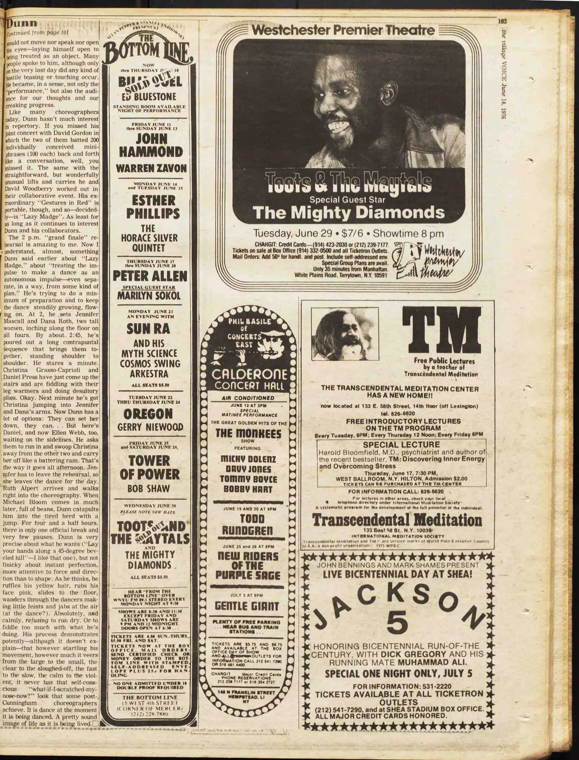 Article from the Village Voice Archive featuring the ads that appeared in the two issues that were on the streets during America's Bicentennial celebration.