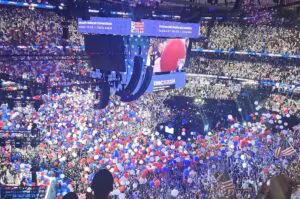 Photograph in the Village Voice of the 2024 Democratic national convention balloon drop.