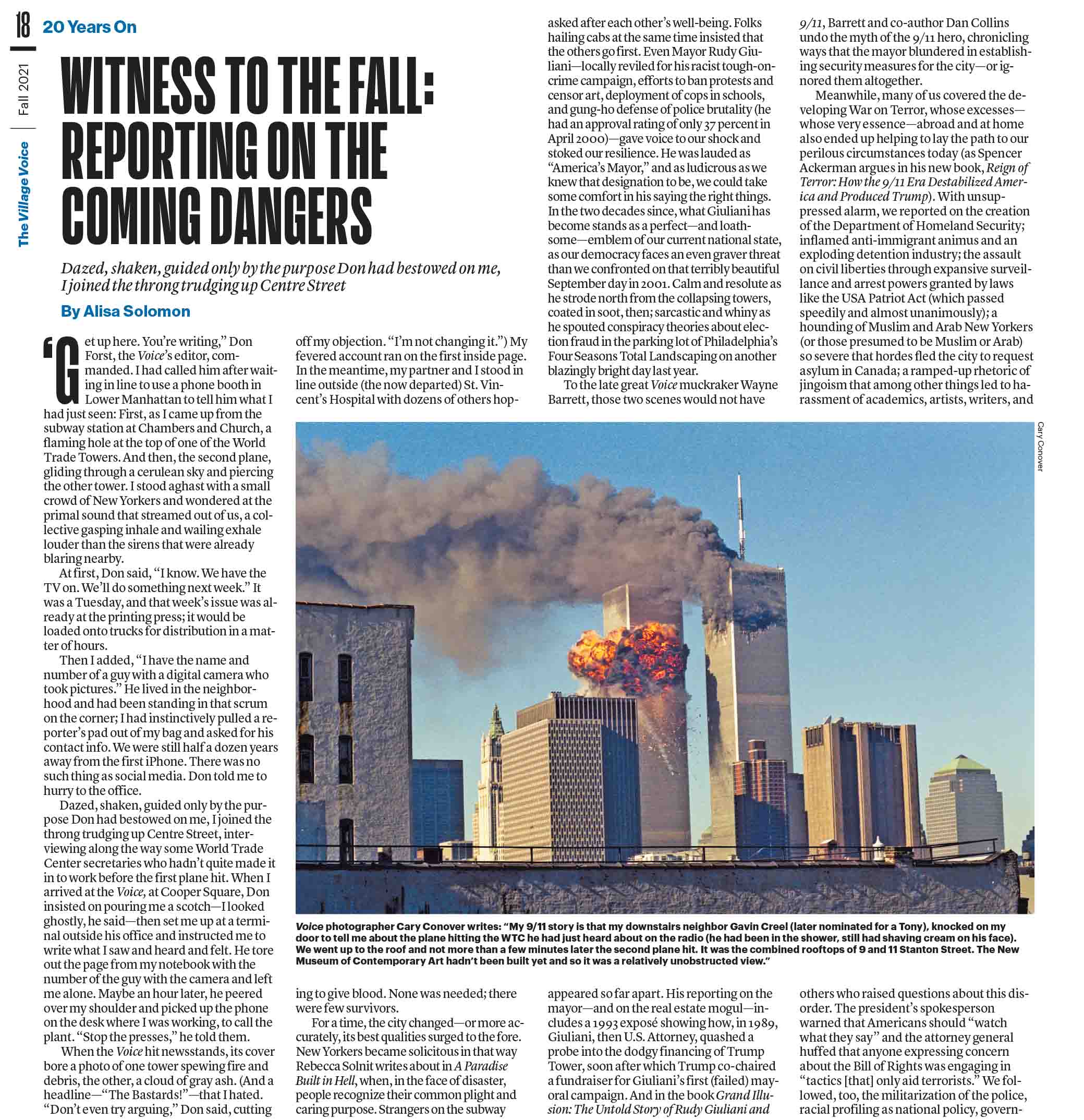 Alisa Solomon wrote an eye-witness account of the 9/11 attacks for the Village Voice