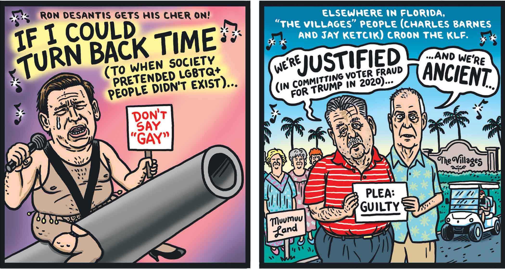 Ward Sutton K-tel records parody comic MAGA SING PRIDE ANTHEMS in the Village Voice