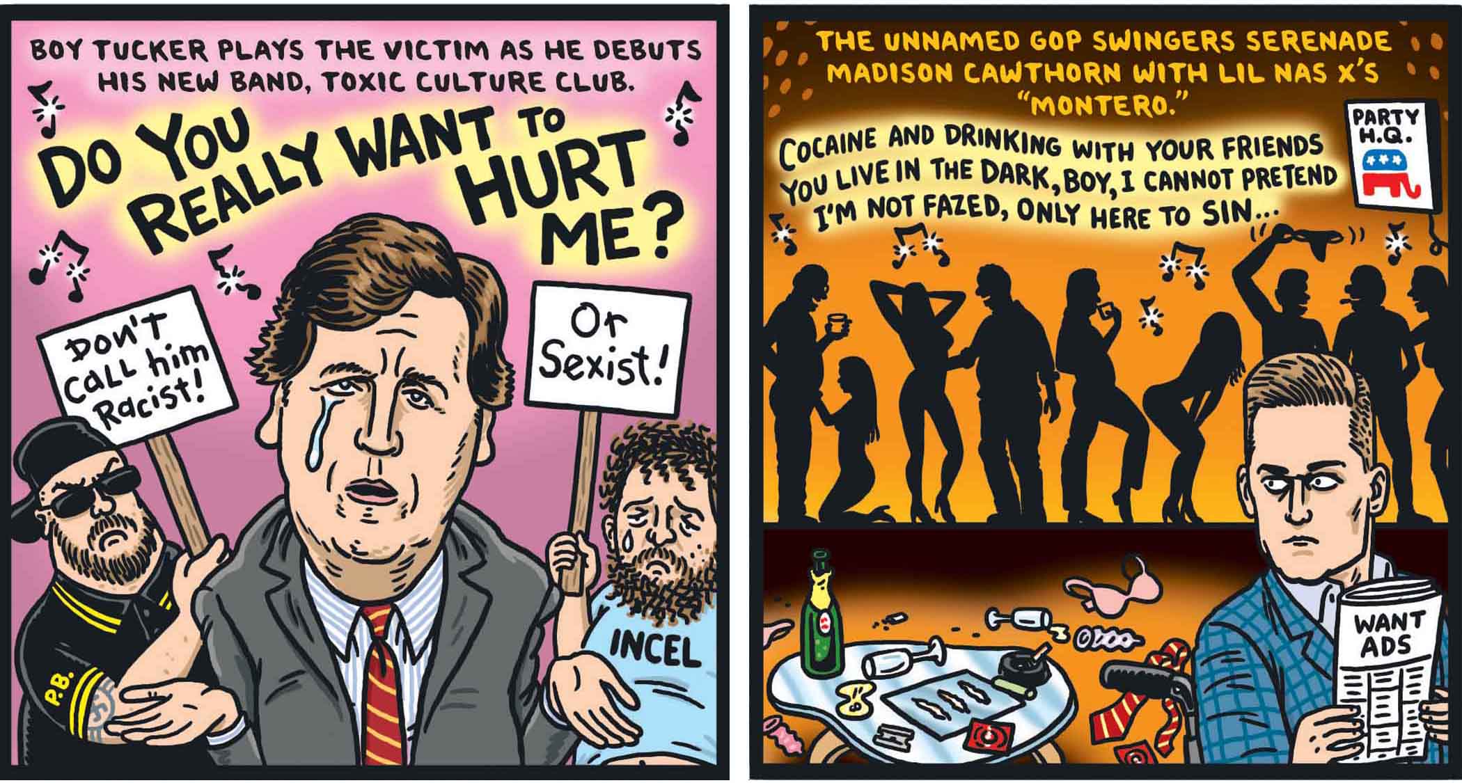 Ward Sutton K-tel records parody comic MAGA SING PRIDE ANTHEMS in the Village Voice