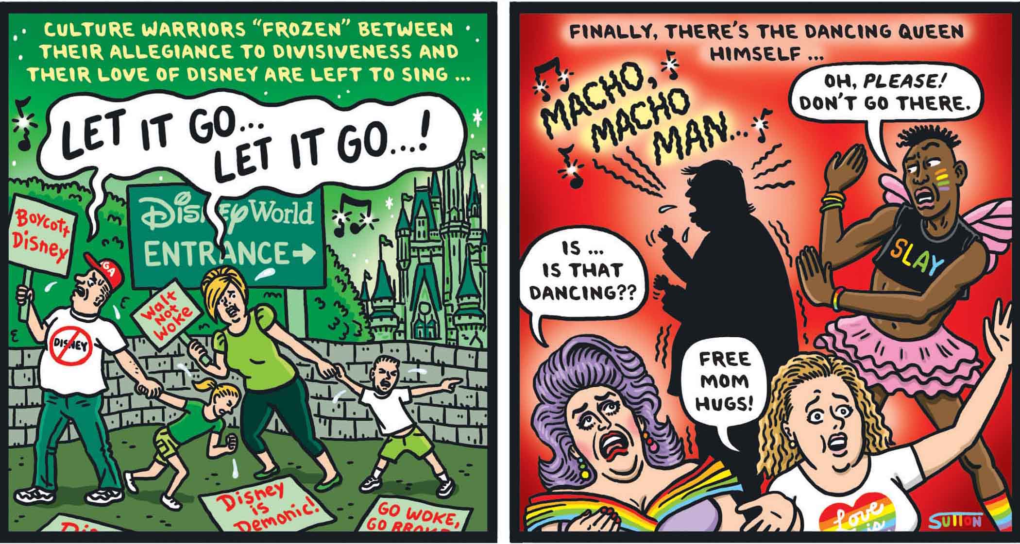 Ward Sutton K-tel records parody comic MAGA SING PRIDE ANTHEMS in the Village Voice