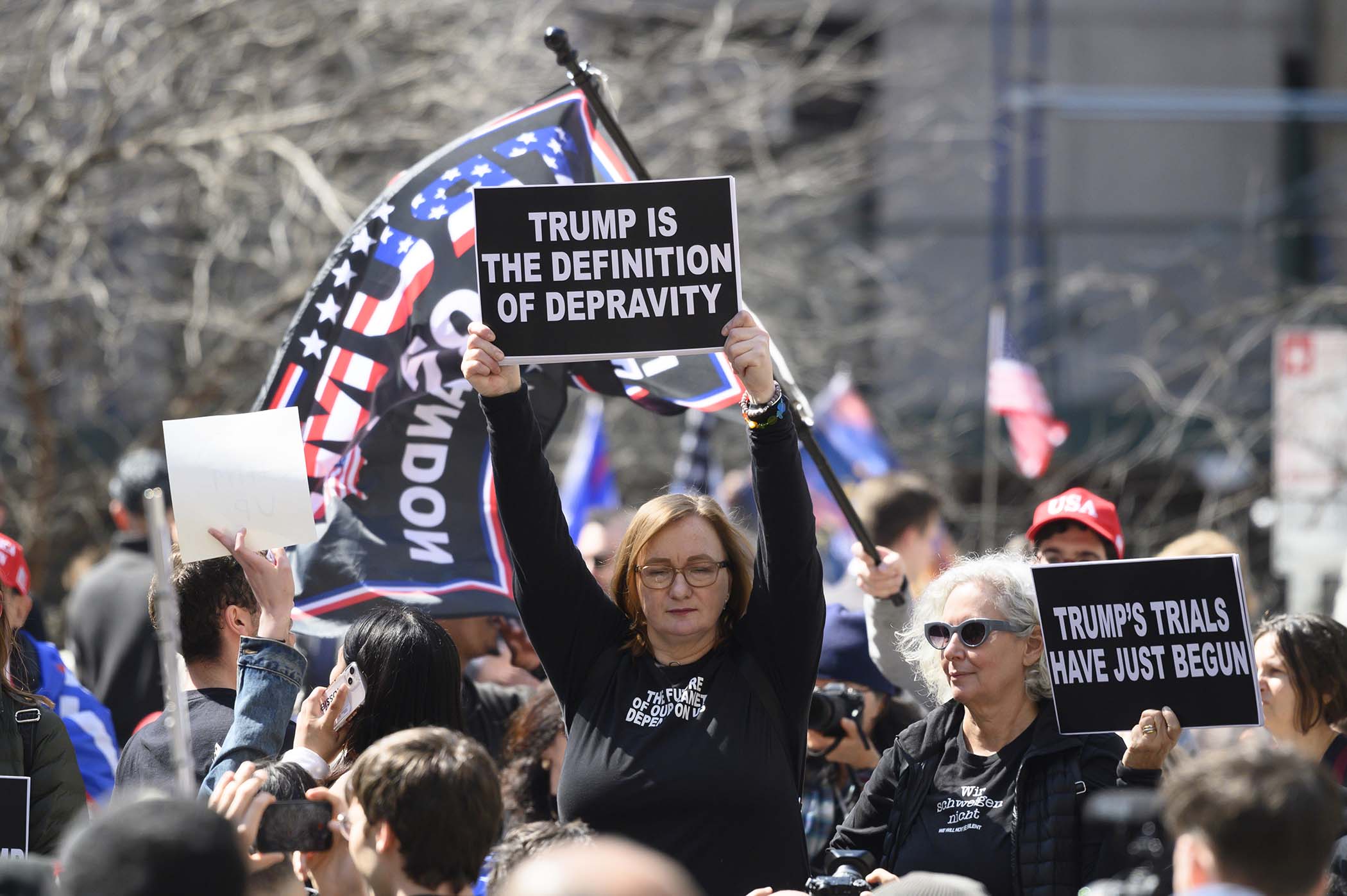 Photograph taken for the Village Voice by C.S. Muncy of the scene at the lower Manhattan court house where Donald Trump was indicted.