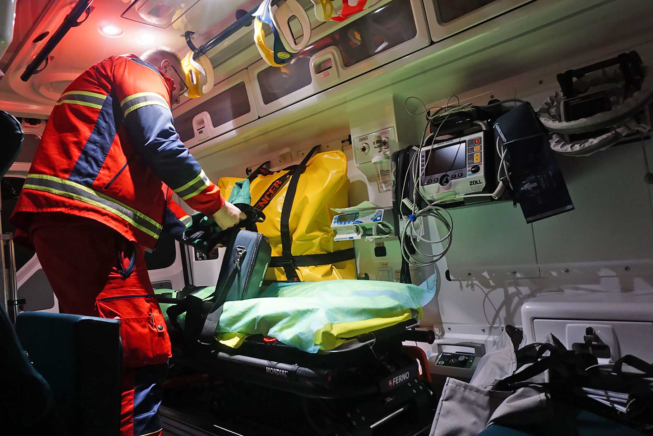 Picture of the inside of an ambulance in Ukraine for Village Voice story about EMS workers learning to treat war wounds.