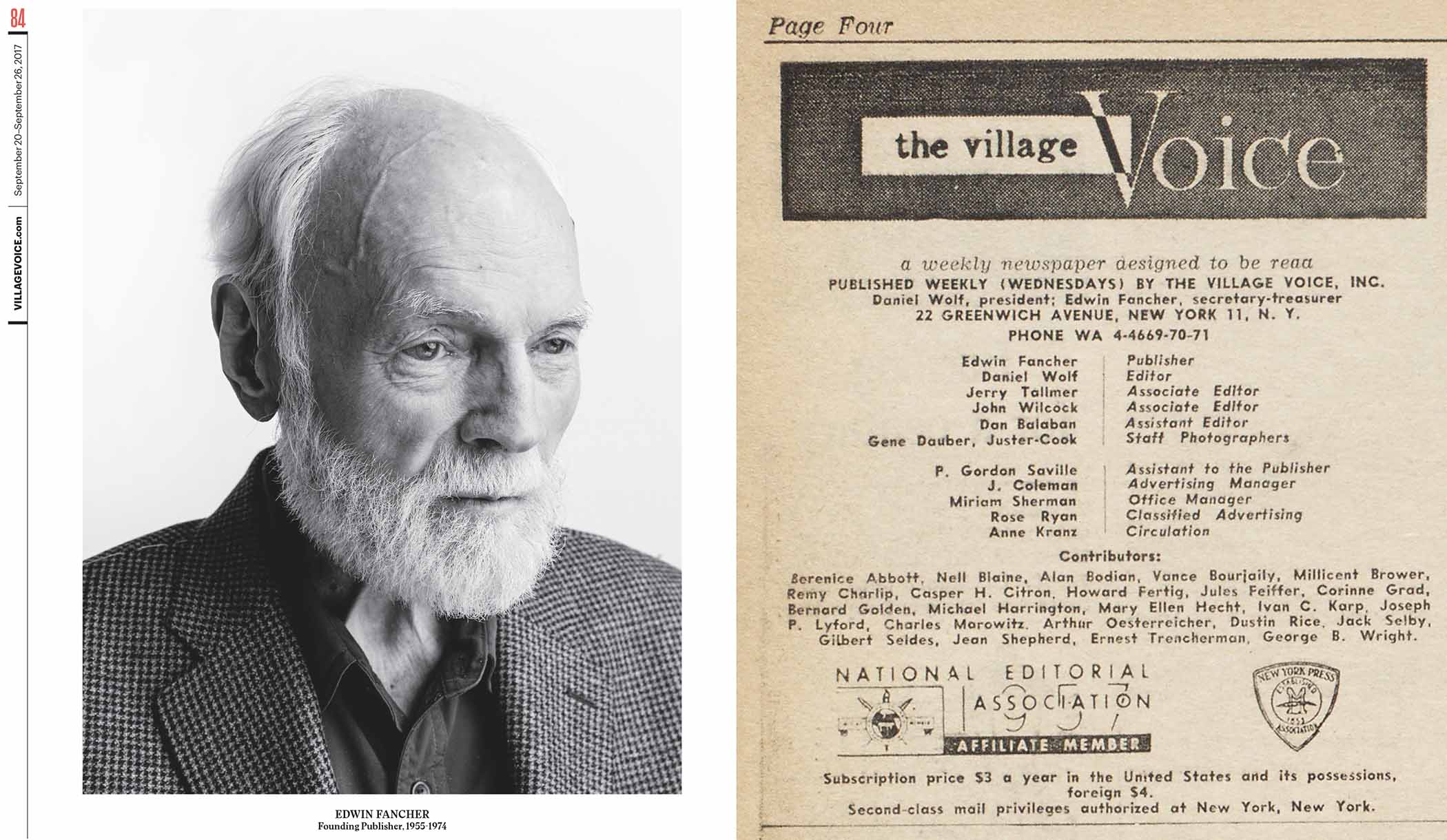 Village Voice article about the death of Edwin Fancher, one of the paper's founders.