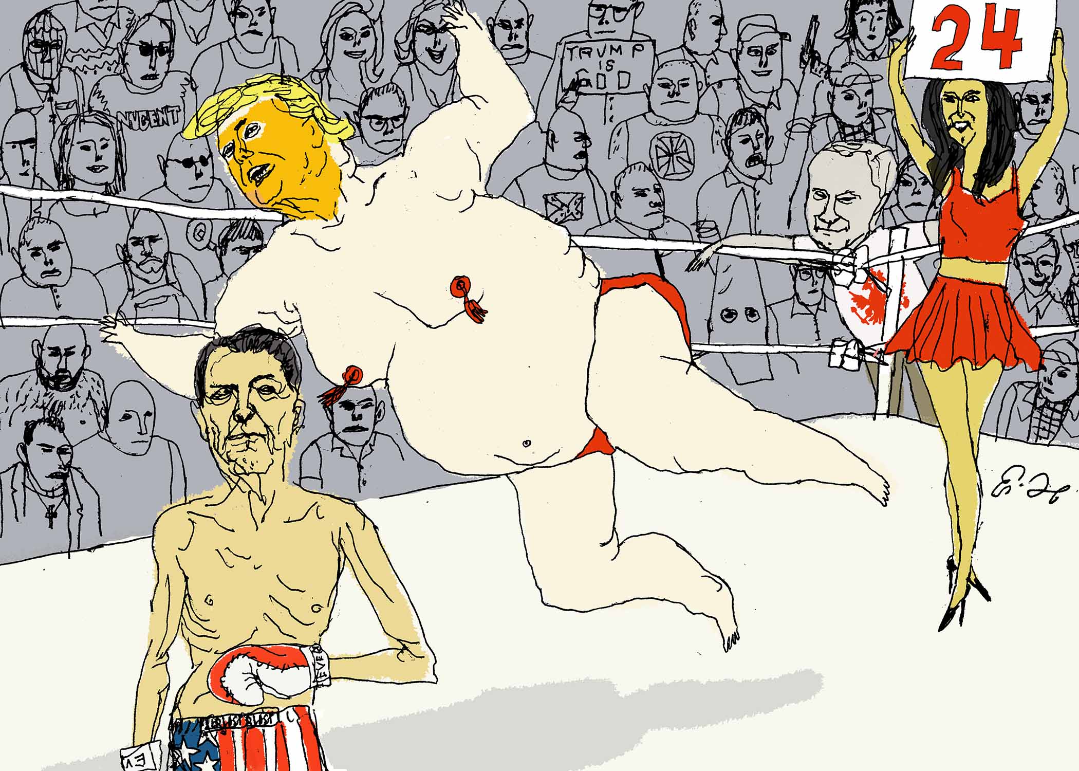 Village Voice illustration of Ronald Reagan, Donald Trump, Nikki Haley, and Vladimir Putin