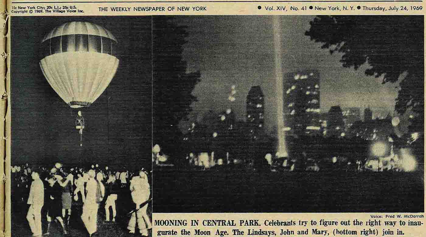 Article from the Village Voice Archive about the 1969 moon landing celebration in Central Park.
