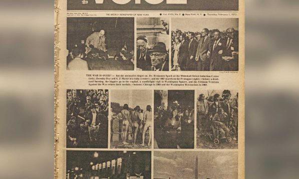 THE WAR IS OVER? — but the memories linger on. Top, from left: Dr. Benjamin Spock, at the Whitehall Street Induction Center; Dorothy Day and A. J. Muste at a rally; the 1967 march on the Pentagon.  Below: A draft card burning; the hippies go to the capital; a candlelight vigil in Washington Square; the Vietnam Veterans Against the War return their medals. Bottom: Chicago in 1968; the Washington Moratorium in 1969.