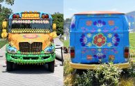 Coming and going: A school bus and a VW bus run on flower power in the Bronx.