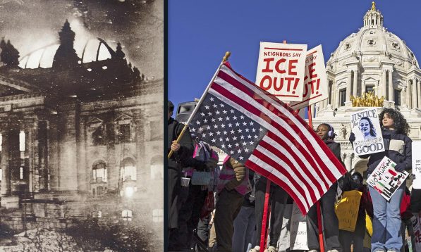 L: In 1933, the German Reichstag building burned and Adolf Hitler’s party used the conflagration as an excuse to exert dictatorial rule. R: On January 14, 2026, Minnesota residents protested ICE attacks on American citizens. One sign includes a 1943 excerpt from the diary of Anne Frank, who died in a Nazi concentration camp two years later: “Terrible things are happening outside. Poor helpless people are being dragged out of their homes. Families are torn apart. Men, women, and children are separated. Children come home from school to find that their parents have disappeared.”