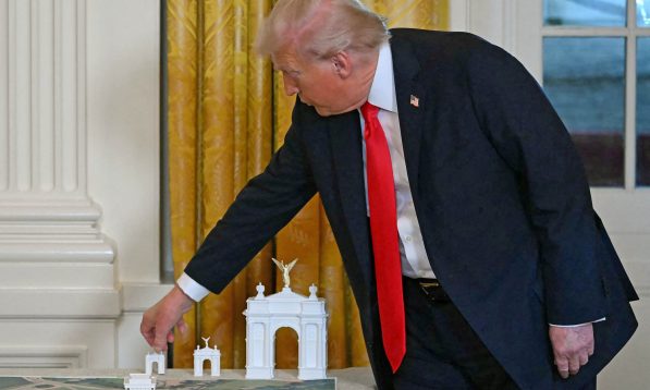 Three-Arch Monte: President Donald Trump shows off variously sized models of his proposed triumphal arch.